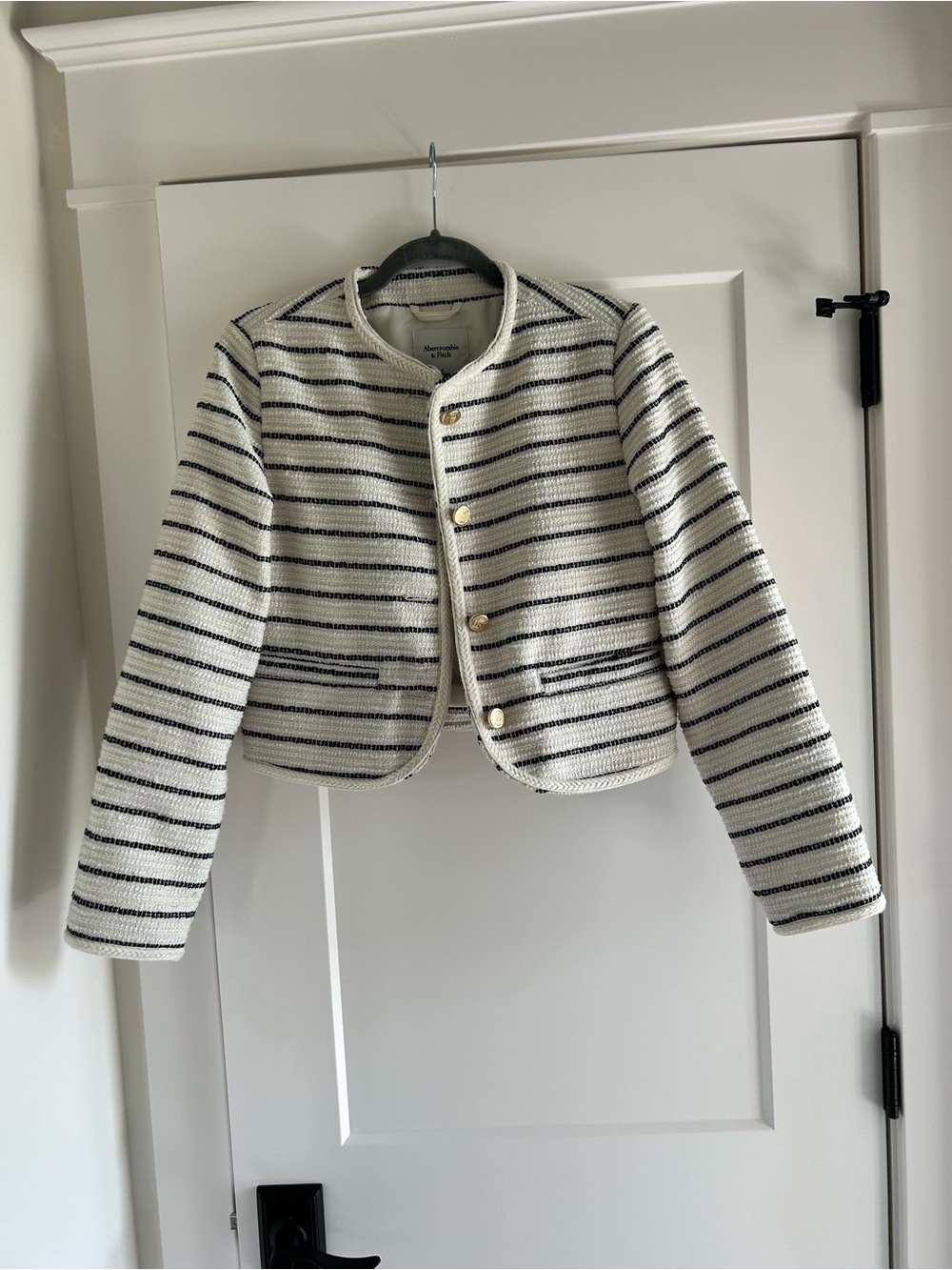 Abercrombie & Fitch Cream & Black Striped Cropped Jacket